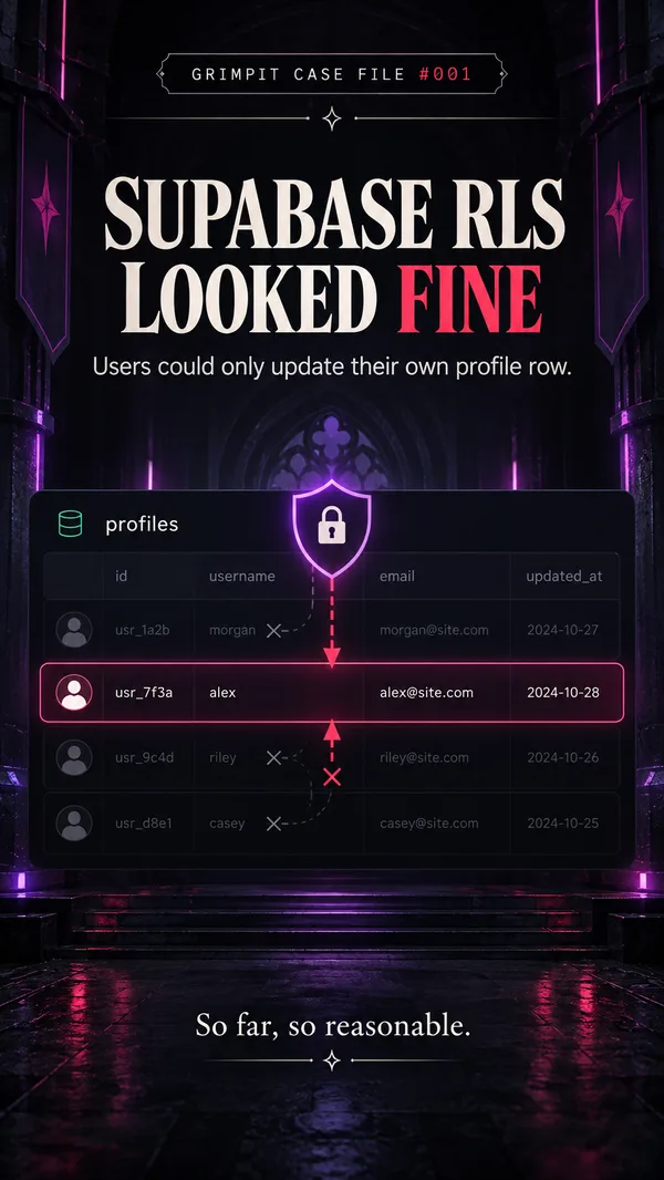 Case File 001 slide: Supabase RLS looked fine. Users could only update their own profile row.