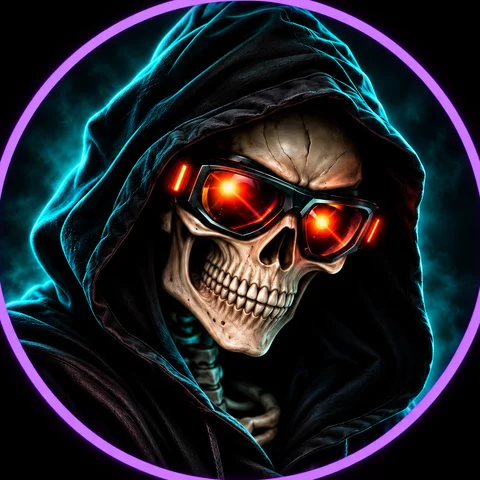 Grimpit, a hooded skeleton wearing glowing orange goggles
