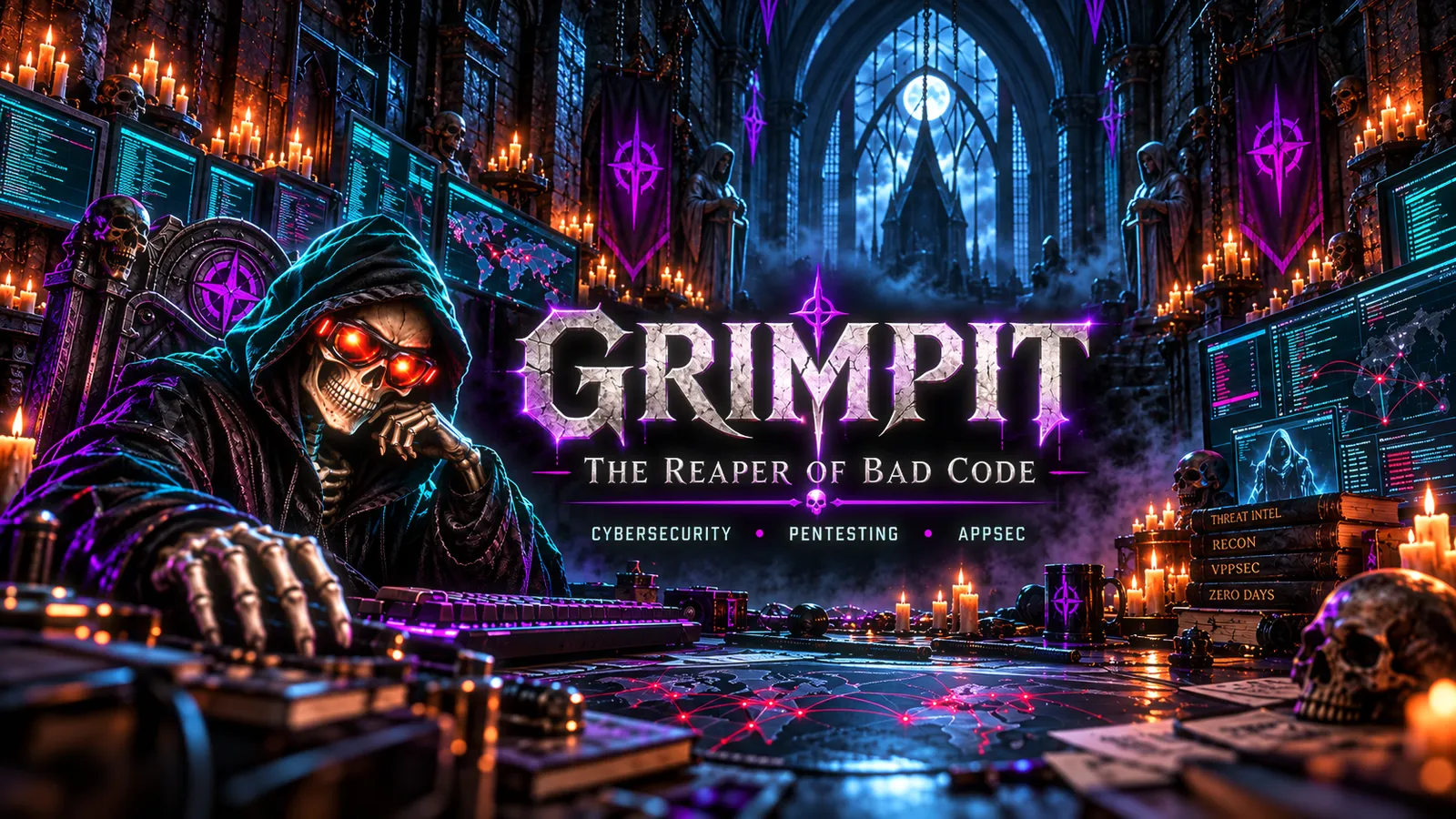 Grimpit seated in a gothic cathedral filled with monitors and candles